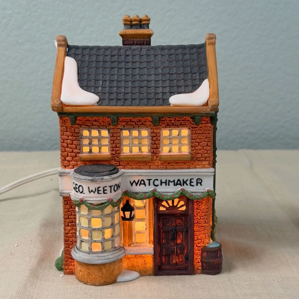 Vintage Lighted Christmas Village House Porcelain Watchmaker w Box & Cord Decor